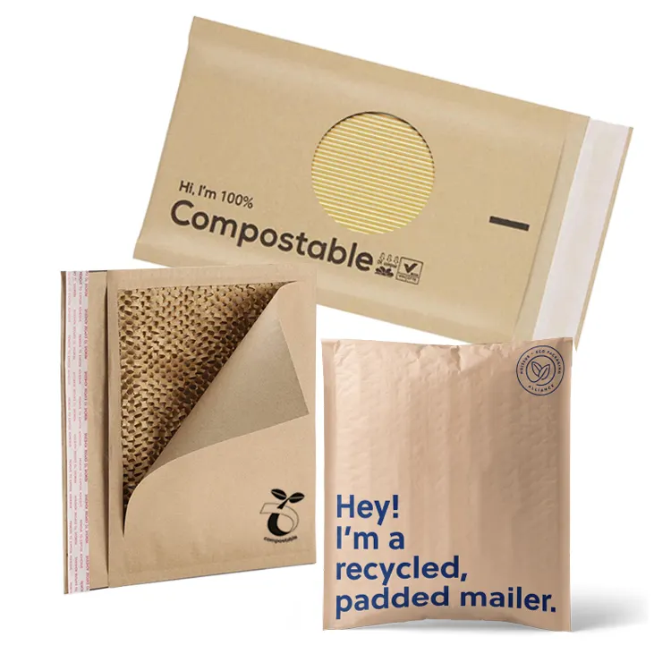 कस्टम लोगो नालीदार क्राफ्ट पेपर हवा कुशन शिपिंग पैकेजिंग बैग पर्यावरण छत्ते गद्देदार लिफाफे biodegradable बुलबुला मेलर
