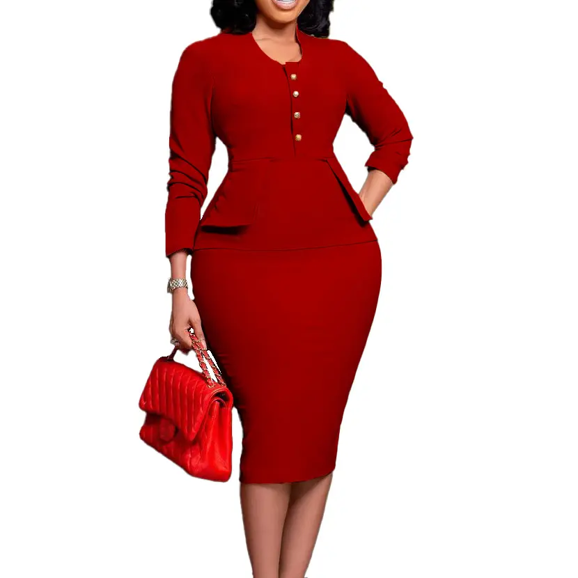 OEM custom solid plain ladies office wear for fat women long sleeve v neck midi slim ladies formal women office dress