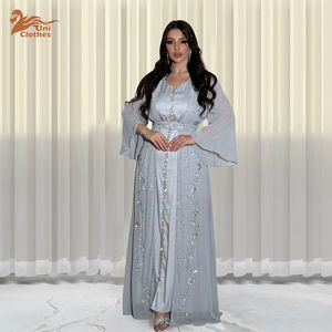 イスラム教徒の服四季通勤ベスト + オープンドレスシフォンプレスダイヤモンドアバヤ女性イスラム教徒のドレス2ピースセット - Product Image 4