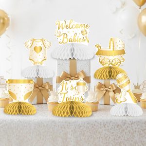 Decorazioni per Baby Shower Gemelli, 8 Pezzi Oro e Bianco, Centrotavola a Nido d'Ape 'Benvenuti Bambini', Decorazioni per Tavolo Gemelli - Product Image 5