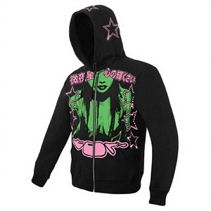 Sudadera con Capucha Extra Grande para Hombre, Negra, 100% Algodón, Antiarrugas, con Estampado Gráfico Personalizado de Anime Japonés Verde, Estilo Hip Hop - Product Image 2