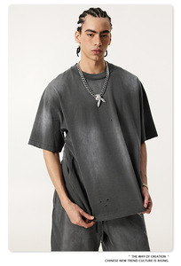 Camisetas de Hip Hop para Hombre, 100% Algodón, Tejidas, Diseño Batik, Lavado Ácido, Estampado Personalizado, Tallas Grandes, Venta al Por Mayor - Product Image 5