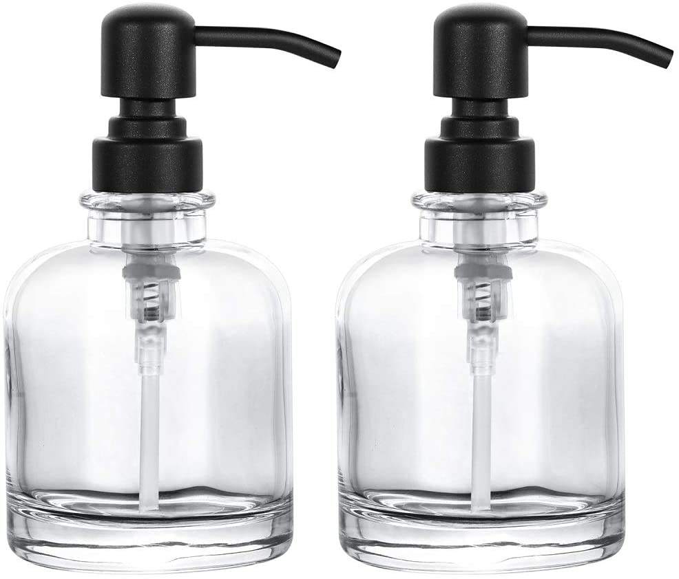 12OZ Thick Clear Glass Soap Dispenser with Matte Black Stainless Steel Pump Boston Round Bottle Dispenser