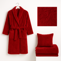 Peignoir long rouge gaufré pour femme, en polaire douce, moelleuse et confortable, idéal pour la douche, le spa ou la maison