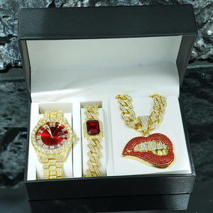 Iced Out Bling Strass et Alliage Ensemble de Bijoux Hip Hop Montre À Quartz Cubain Lien Chaîne Bracelet Rouge Sexy Lèvres Pendentif Collier - Product Image 4