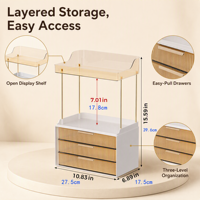 Organiseur de bureau transparent avec 3 tiroirs, unité de rangement blanche avec détails dorés, 10,83 x 6,89 x 15,59 po