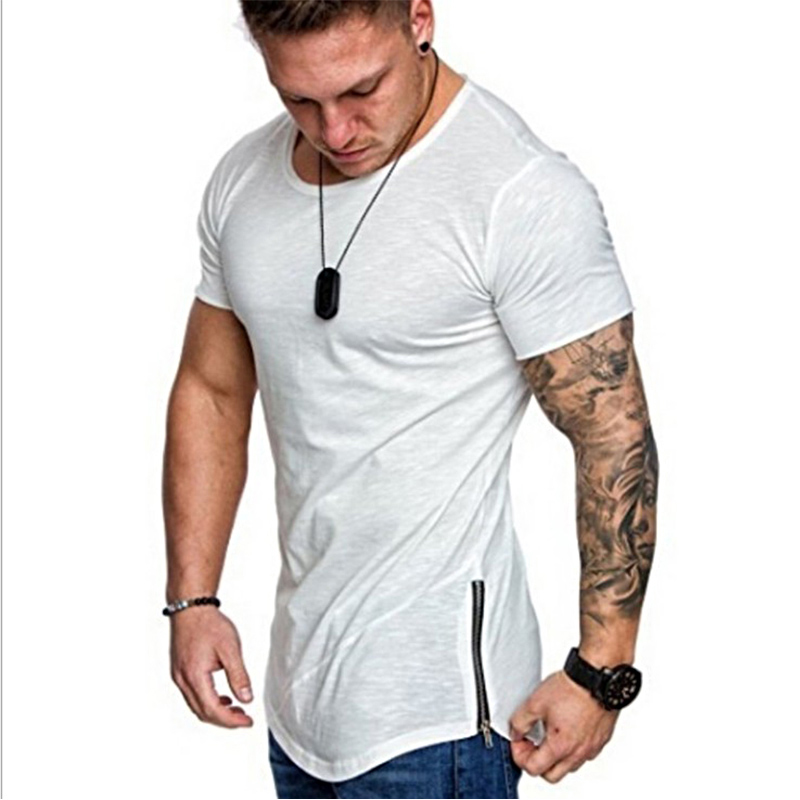 White t shirt original cotton men t shirts longline curve hem t-shirt with zip plain scallop hem customized tshirt