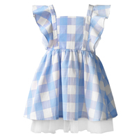 Hidehanky Robe d'été pour filles, bleue à carreaux, style lolita, sans manches, longueur genou, avec bretelles à volants, nœud en tulle, coupe trapèze, 100% coton