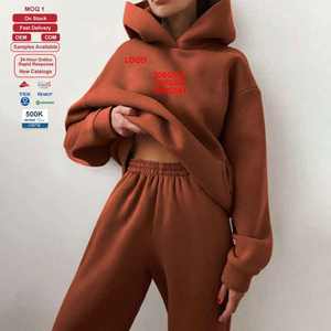 <span class=keywords><strong>Ensemble</strong></span> de survêtement deux pièces pour femmes, sweat-shirt en molleton 100% coton lourd 500g avec pantalon de survêtement, couleur unie, chaud, décontracté, pour la salle de sport, l'extérieur - Product Image 1