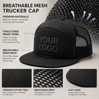 Gorra Trucker de 7 Paneles con Logotipo Personalizado OEM al por Mayor, Visera Plana, Malla Trasera, Parche de Cuero 3D, Cierre a Presión, Transpirable/Impermeable, Ajustable