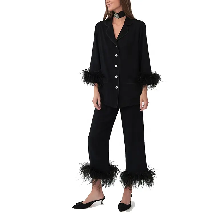 Hot Selling Adult Long Cotton Pijamas Loungewear Outfit Long Pajamas Feathers Trim Pajamas Set for Women