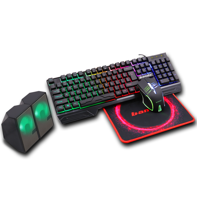 4-in-1 RGB Wired Gaming Set with Backlit Keyboard Mouse Speaker Mouse Pad Combo for Gamer Computer Laptop 104 Keys USB Interface