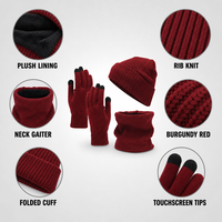 Ensemble tricoté hiver rouge bordeaux : bonnet, cache-cou, gants conducteurs noirs à doigts, doublure peluche double couche pour temps froid