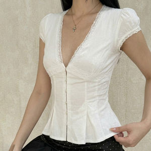 Camiseta de Manga Corta de Tela Jacquard Blanca para Mujer, Oferta, Cuello en V Profundo, Encaje, Volantes, Informal, para Oficina, con Botones al Frente, Estilo Cárdigan - Product Image 2