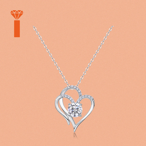 Nouveau Design Collier en Argent Luxe Cœur Entrelacé Double, Moissanite Centrale Sertie à Griffes, Cadre Cœur Demi-Pavé, Cadeau Romantique - Product Image 1