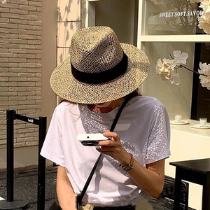Openwork <b>Flat</b> Brim Panama <b>Hat</b> For Women Summer Straw <b>Hat</b> Beige Black Brown Toquilla Material Travel Beach Outing - Product Image 2