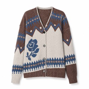 Cardigan en laine vintage pour femme, motif jacquard rose, col en V, boutonné, tricoté, motif géométrique Fair Isle, pour femme, décontracté, quotidien, OEM - Product Image 1
