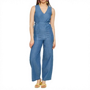 Mono vaquero azul sin mangas con cuello en V para mujer, de cintura alta, corte holgado, pierna ancha, largo completo, informal, para primavera y verano - Product Image 1