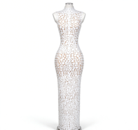 Robe longue moulante sans manches à col montant en maille transparente avec applique à pois crème ivoire pour femme