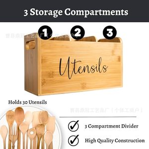 Organizador de utensilios de cocina de madera, caja de almacenamiento de escritorio con múltiples compartimentos para herramientas de cocina - Product Image 5