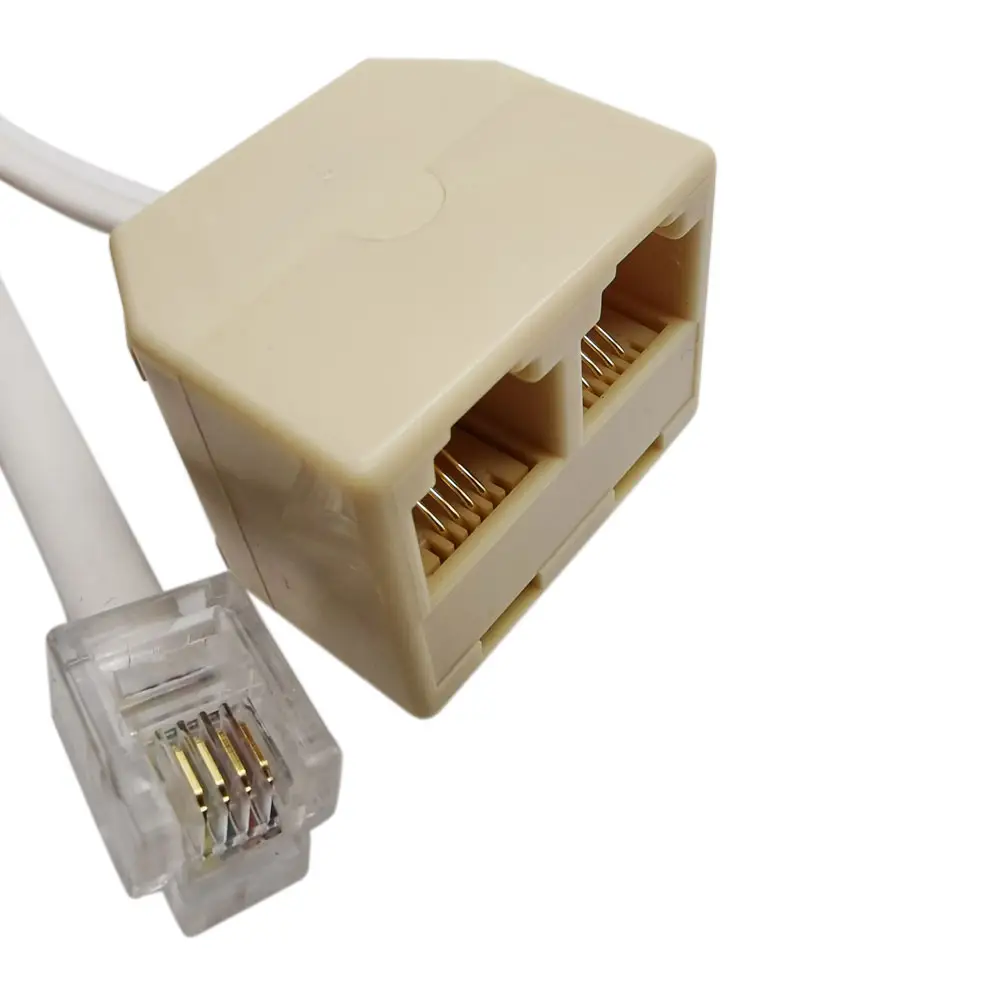 RJ11 ke Double RJ11 soket Female Port Splitter, RJ11 Plug ke 2 Jack Adapter kawat telepon, Cat3 6P4C konektor 1 sampai 2 Terminal