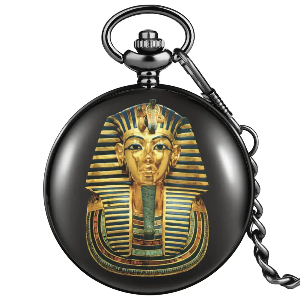 Egyptische Farao Patroon Gedrukt Black Quartz Zakhorloge Arabische Cijfers Witte Wijzerplaat Retro Hanger Sleutelhanger Klok