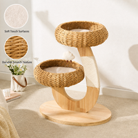 Arbre à chat moderne en rotin avec structure en bois courbée, deux paniers-lits, coussins amovibles et griffoir en sisal, conception personnalisée OEM ODM