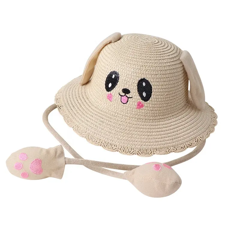 Holesale-sombrero de paja con orejas móviles para niños, sombrero de paja con dibujos de animales, de verano