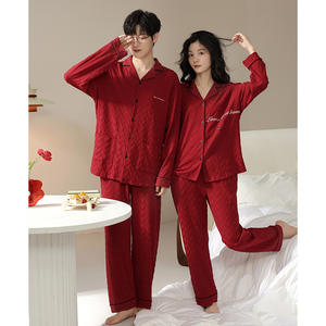 Pijama de algodón Jacquard con marco rojo para parejas, pijama de algodón de manga larga para hombres y mujeres, Conjunto de pijama para mujer - Product Image 3