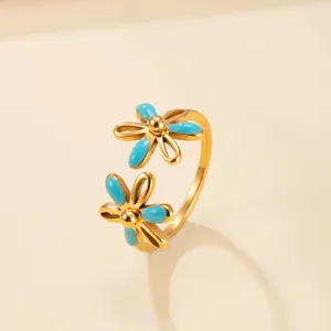 Vente en gros de fleurs en émail coloré anneau ouvert pour femmes en acier inoxydable couleur or anneaux de mode bohème bijoux cadeau - Product Image 3