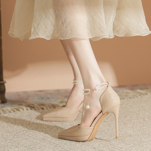 Zapatos de Novia de Satén con Tacón de Aguja y Correa de Tobillo con Cadena de Perlas 1083, Punta Puntiaguda, Tacón Súper Alto, Impermeables - Product Image 4