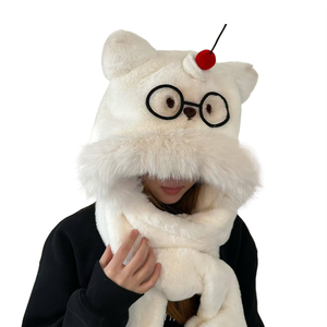 Conjunto de Gorro y Bufanda Cuadrados de Felpa Jacquard Blancos, Lindos y Cálidos para Invierno, Estilo Kawaii de Dibujos Animados para Niñas, Uso Diario - Product Image 2