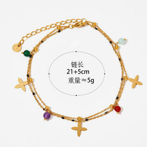 Chaîne de cheville double couche en émail avec pendentif trèfle à quatre feuilles en pierre naturelle colorée en acier inoxydable pour femme - Product Image 1