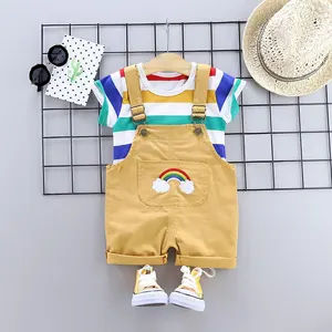 Solid Color Children's Suit Boys And Girls Round Neck Short-sleeved Rainbow Striped Summer Dress 2021 Baby Shirt Casual Trend