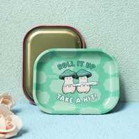 Plateau roulant en métal portable motif champignon de dessin animé, plateau de service vert imprimé en fer blanc pour bureau