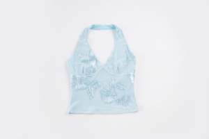 Top Halter de Malla con Cuello en V y Bordado Floral de Satén Fresco de Verano, con Espalda Abierta y Ajuste Ceñido que Realza la Figura - Product Image 6