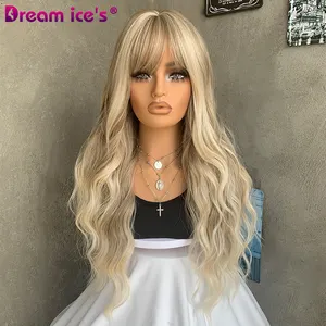 DREAM.ICE'S Body Wave Long Wavy Synthetic Hair Wig for Women Highlight Sensationnel Synthetic Wig with Bangs Natural Looking