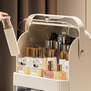Caja de almacenamiento de cosméticos para escritorio, organizador de maquillaje de gran capacidad a prueba de polvo, estante para el cuidado de la piel con tapa para tocador de baño - Product Image 3