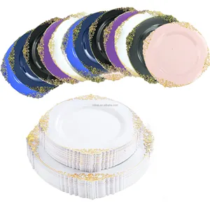 Hot Selling Zilver/Goud/Rose Gold Velg Wegwerp Plastic Dinerborden Sets Voor Bruiloft/Feest 10.25 Inch 7.5Inch Bruiloft Plat