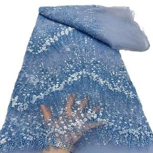 Tessuto in <span class=keywords><strong>Tulle</strong></span> <span class=keywords><strong>Blu</strong></span> Cielo con Paillettes a Cascata e Ricami Verticali di Perline per Abiti da Palcoscenico, Matrimonio e Serate di Gala - Product Image 4