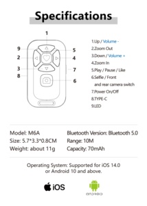 Télécommande Bluetooth pour <span class=keywords><strong>iPhone</strong></span> Xiaomi Redmi <span class=keywords><strong>Samsung</strong></span> Télécommande universelle pour téléphone portable Selfie Stick Contrôleur de caméra Bluetooth - Product Image 6