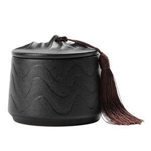 MSH Mountain Shape Lid Matte Ceramic Tea Canister with Embossed Wave Pattern and Tassel Decor Airtight Zen Style Storage Jar - Product Image 6