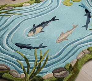 Irregular Blue Koi Pond Wool <b>Rug</b> Designed with 3D Moss Fish Texture and Hand Tufted Finish for Living Room Bedroom <b>Nursery</b> Kids - Product Image 4
