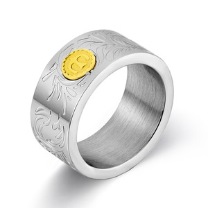 Japanese Korean Trendy Retro <b>Titanium</b> Steel Wide Face <b>Ring</b> With Arabesque Pattern And Gold Inlay Unisex Gift Jewelry - Product Image 1