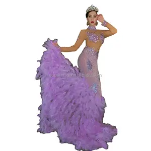 Purple Lavender lilac colour Girl Mermaid Prom Dress Sexy Feather Lace Applique Formal Party Long Gown Evening Dresses