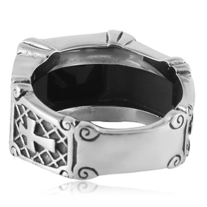 yunnique Men's <b>Titanium</b> Steel Cross <b>Ring</b> Black Stone Square Bezel Setting Punk Style Fashion Jewelry Gift - Product Image 4