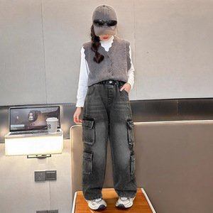 Abbigliamento all'ingrosso <span class=keywords><strong>pantaloni</strong></span> Vintage in Denim coreano eleganti <span class=keywords><strong>pantaloni</strong></span> larghi dritti per bambini Jeans larghi grigi <span class=keywords><strong>neri</strong></span> - Product Image 2