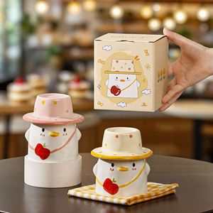 <span class=keywords><strong>Mug</strong></span> mignon en forme de petit canard dessiné à la main, tasses de couple avec couvercles, tasses à eau pour la maison, tasses en céramique amusantes, cadeaux culturels et créatifs - Product Image 1