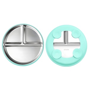 Assiettes divisées en acier inoxydable de 9 pouces avec manchon en silicone Assiettes manuelles à ventouse pour bébés et tout-petits - Product Image 1