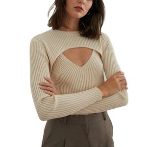 Conjunto de <span class=keywords><strong>Dos</strong></span> Piezas de Top Corto Tipo <span class=keywords><strong>Bolero</strong></span> de Punto Acanalado Color Marfil OEM/ODM, Conjunto de Suéter Personalizado para Mujer, Conjunto de Suéter de Cachemira - Product Image 1